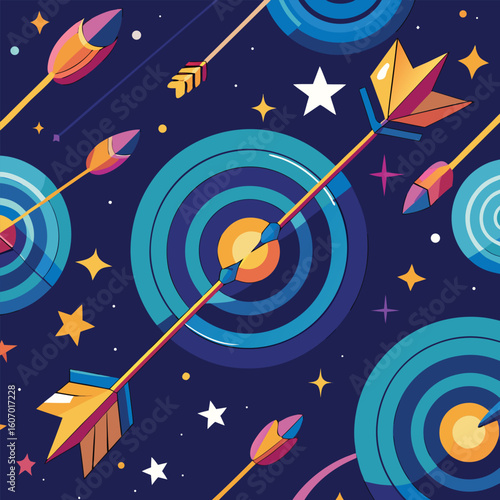 Colorful arrows and targets in a cosmic dreamscape artistic vector illustration creative design suitable for backgrounds or decorative purposes aiming for success