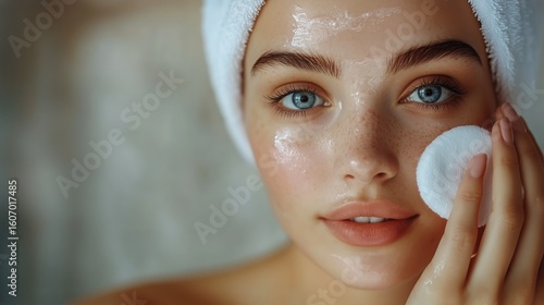 Skincare Routine Featuring a Young Woman Applying Product on Her Face in a Se...