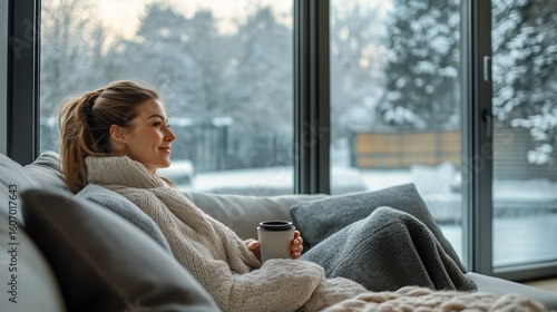 Relaxing Winter Morning in Cozy Living Room With Warm Drink by the Window