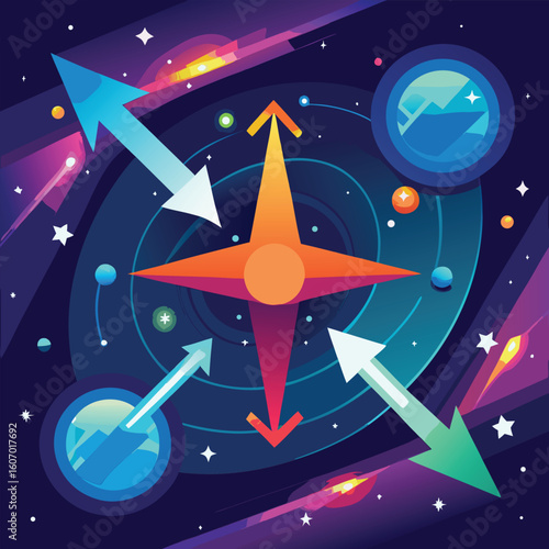 Colorful vector space background with central star and directional arrows representing cosmic movements and planetary positions depicting interstellar navigation