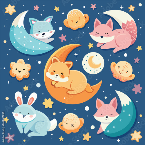 Cute animals sleeping on crescent moons with stars vector illustration whimsical night scene for children nursery decor and baby products sweet dreams graphic