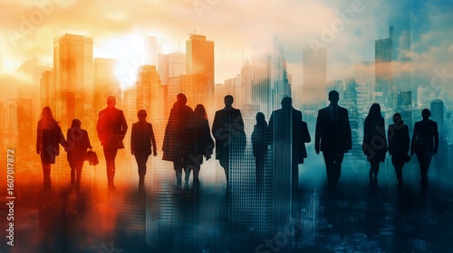 Silhouetted Figures Walk Through a Vibrant Cityscape at Sunset, Capturing the...