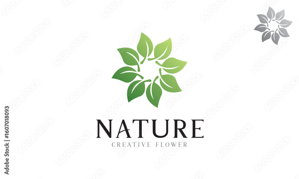 Fototapeta premium Nature logo with circular leaves forming green gradient flowers vector design