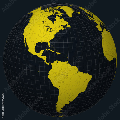 Curacao on Globe. Country view on the world map in Charcoal Bright Yellow color palette. Curacao shape on map. Globe with meridians, parallels, countries, rivers and lakes.