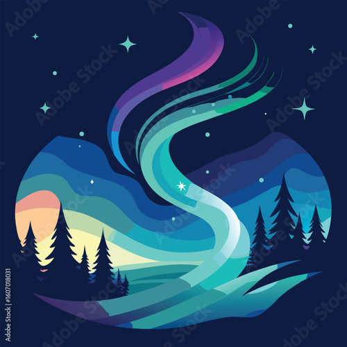 Flat vector illustration of aurora borealis over night mountain landscape with pine forest silhouettes and starry sky creating a sense of wonder