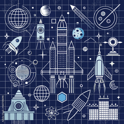 Futuristic blueprint of space exploration symbols featuring rockets,planets and satellites depicted on a dark blue grid background