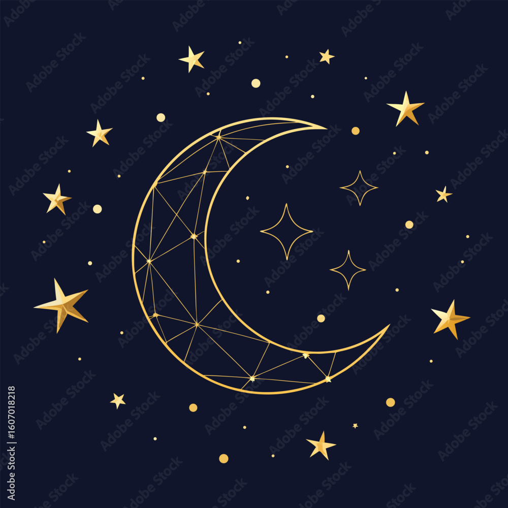 Naklejka premium Golden crescent moon and stars in a night sky geometric and minimalist style celestial vector art for backgrounds and designs
