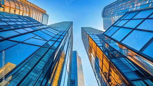 Modern Skyscrapers Reflect Sunlight in Urban Landscape During Clear Day