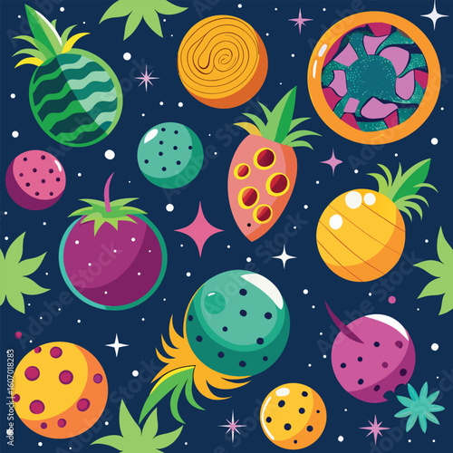 Imaginative galaxy of fruit planets and exotic worlds floating among the stars in a surreal and colorful space adventure