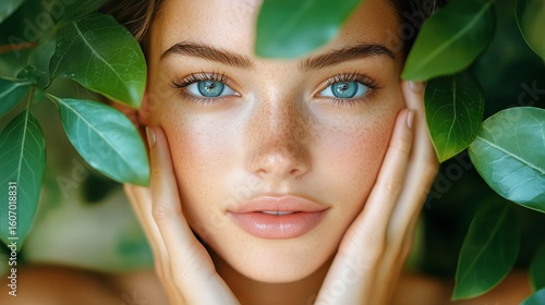 Natural Beauty Portrait With Vibrant Greenery in a Serene Outdoor Setting.