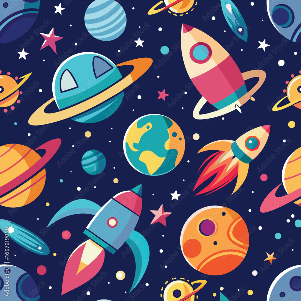 Naklejka premium Seamless pattern of planets rockets and stars in a playful outer space adventure for kids and creative projects