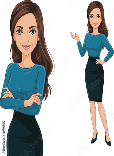 Illustration of a professional woman in a blue top and pencil skirt in two different poses on a white background