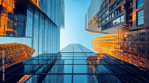 Tall Buildings Reflect Sunlight in Urban Skyline at Dusk.