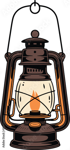 Vintage Kerosene Lantern Cartoon Illustration Retro Oil Lamp Flat Design Vector Graphic Isolated on White Background for Camping Outdoor Adventure Home Decor