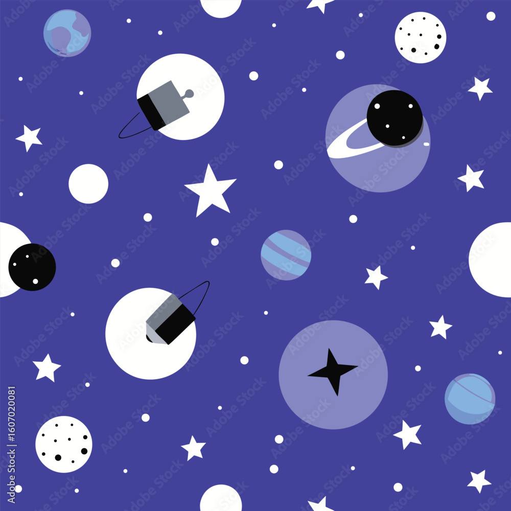 Fototapeta premium Whimsical space pattern with planets satellites and stars on blue background cosmic themed design ideal for childrens projects