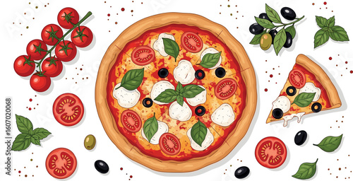 Hand drawn italian pizza set. Pizza Margherita with tomato, cheese mozzarella, basil and olives