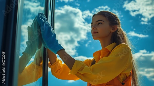 Woman Cleaning Glass Window Under Bright Sunlight on a Clear Day.