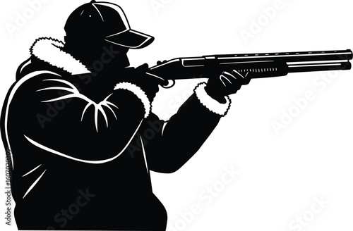  Hunter with Shotgun Silhouette Vector Illustration, Aiming for Target Practice or Hunting, Outdoor Sports, Recreation, Security, Firearm, Black on White, Precision and Focus.