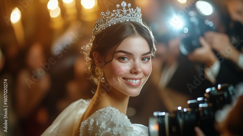 Elegant Bride in Wedding Dress and Crown Smiles Amid Photographers at a Celeb...