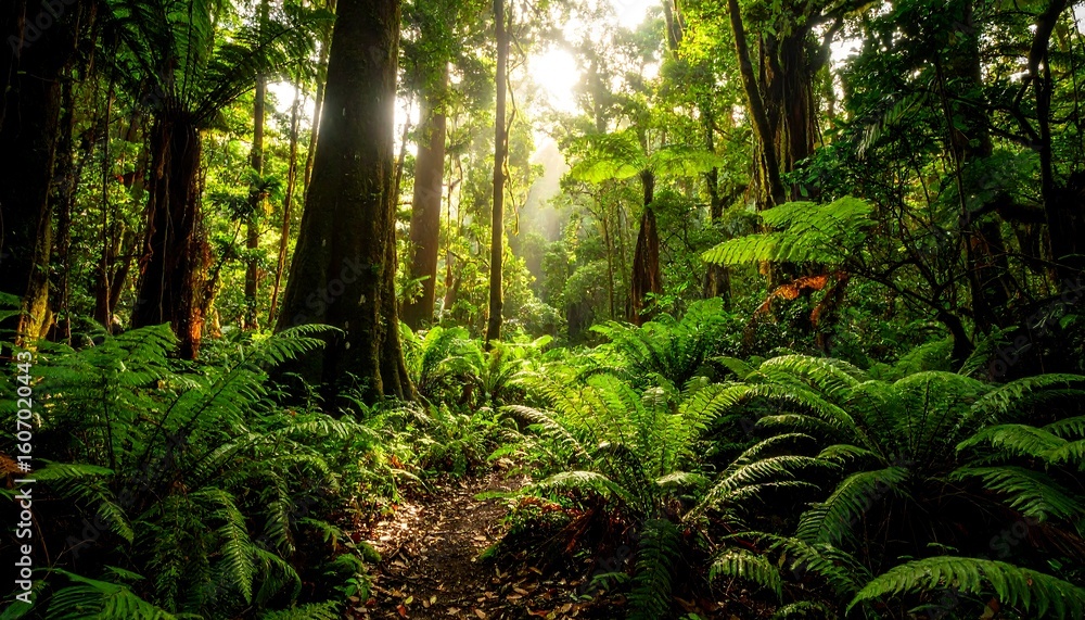 Fototapeta premium Lush rainforest path bathed in sunlight
