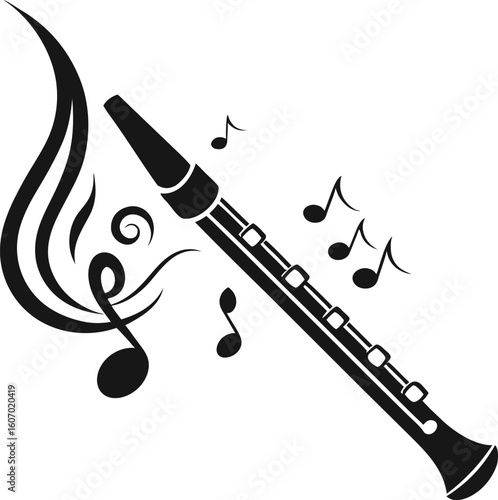 Black clarinet with musical notes and treble clef musical instrument