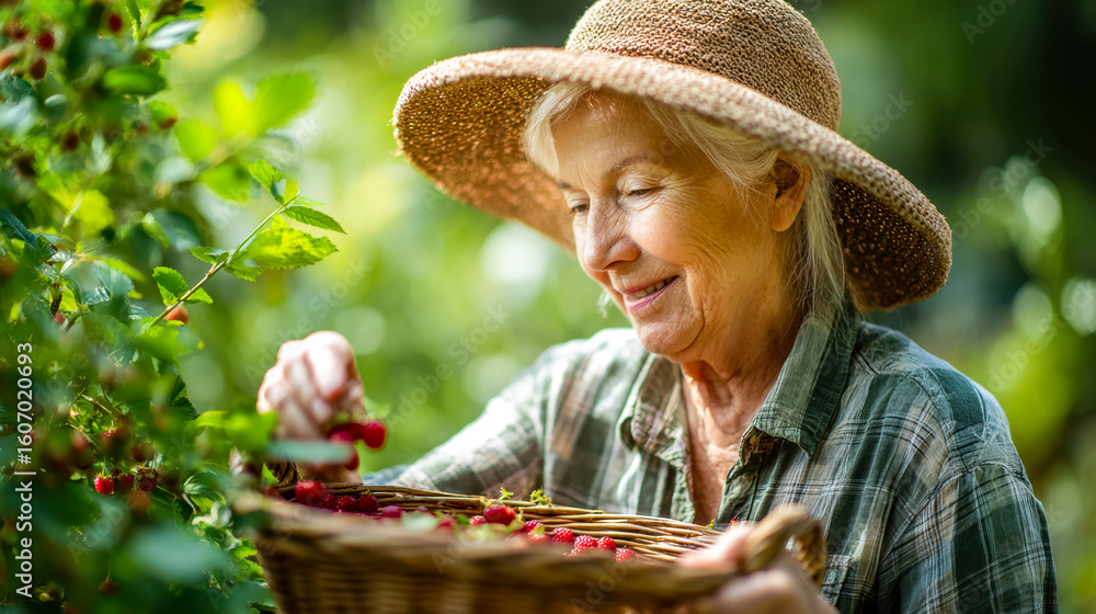 Fototapeta premium Elderly woman harvesting fresh berries in a lush garden