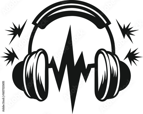 Black headphones with sound waves and starbursts audio music