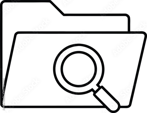 Clean line art icon of a folder with a magnifying glass isolated on transparent background