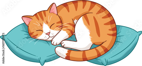 Adorable gray cat sleeping peacefully on cozy blue pillow, cute domestic pet resting, comfortable feline cartoon illustration for animal lovers