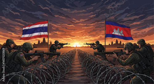 Thai and Cambodian soldiers face off at sunset, Angkor Wat temples in the background, barbed wire separating them.