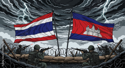 Illustration depicting tension between Thailand and Cambodia, with flags, soldiers, barbed wire, and a stormy sky.