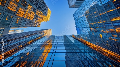 Tall Buildings Reflect Sunlight in Urban Skyline at Dusk
