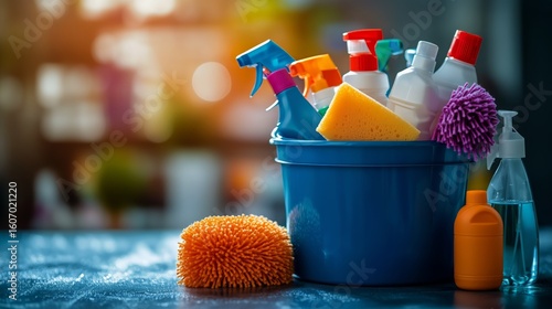 Cleaning Supplies Organized in a Blue Bucket on a Table With Soft Background ...