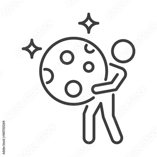promise the moon clip art icon symbol, astrology sign, aspirations concept, space exploration, man carrying the moon, isolated line vector illustration