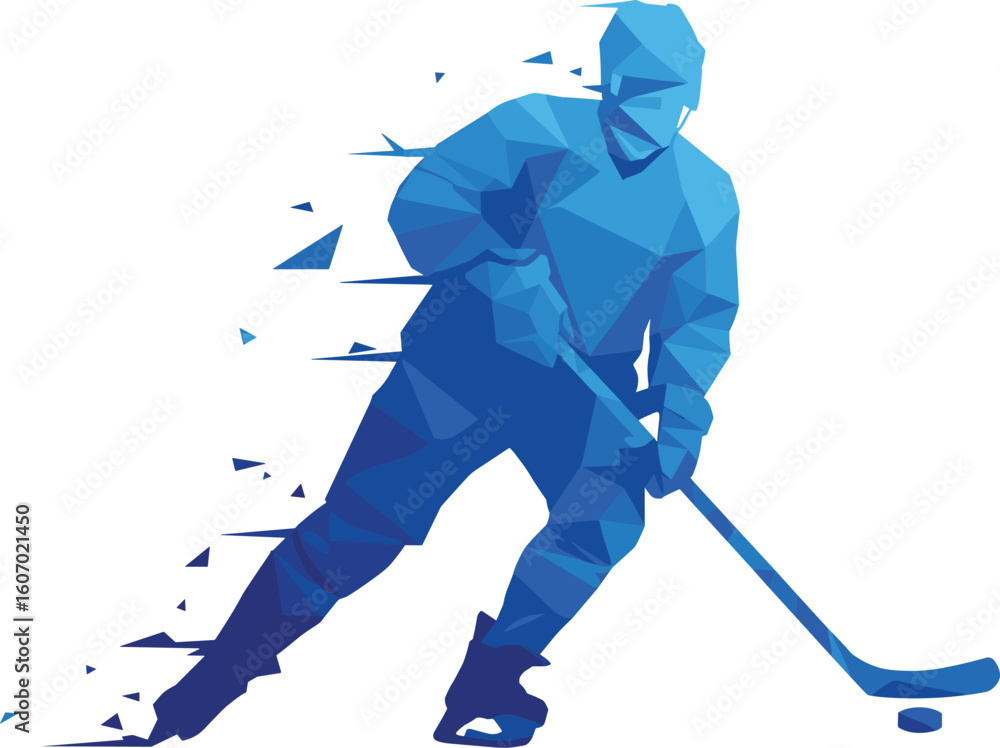 Fototapeta premium Dynamic Ice Hockey Player Low Poly Vector Art with Motion Blur Effect, Abstract Geometric Design for Sports Themes and Digital Graphics, Vibrant Blue Hues, Action Shot, Power and Speed Depicted.