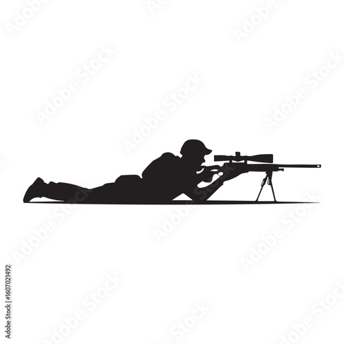 Silhouette of a person lying down aiming a rifle with a scope attached