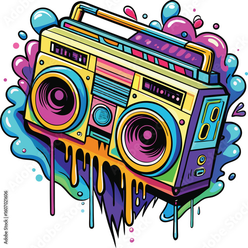 Retro boombox with vibrant dripping paint and colorful splashes music sound