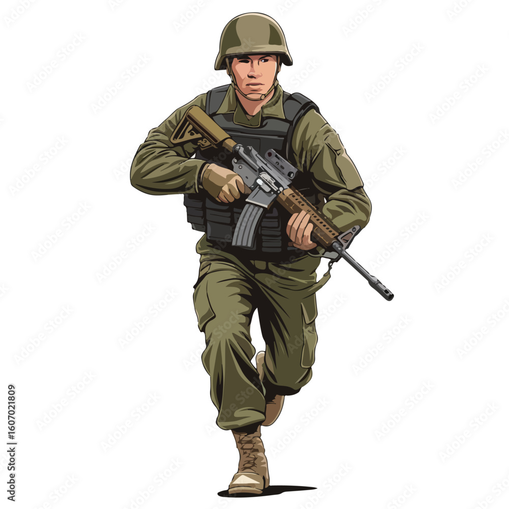 Fototapeta premium Illustration of a soldier in uniform running with a rifle forward