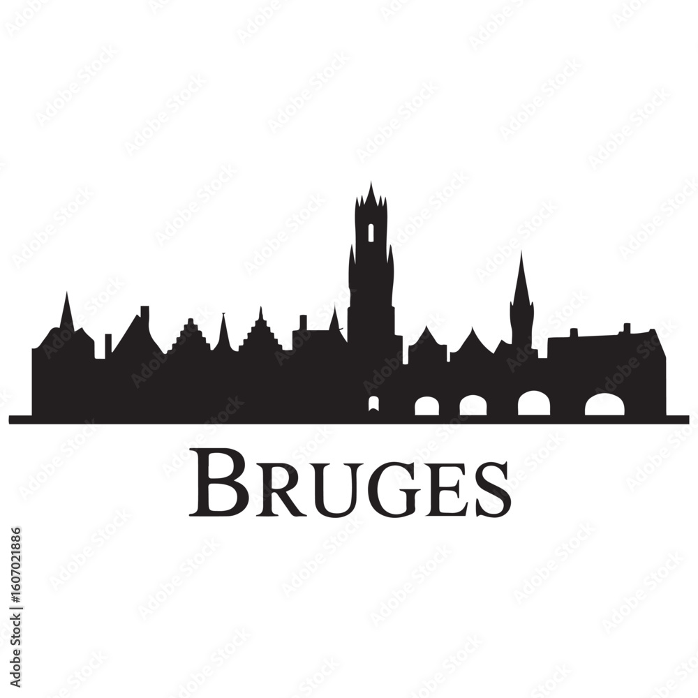 Fototapeta premium Bruges skyline horizontal banner. Bruges, Belgium. Vector template for your design. Vector black silhouette. with white background