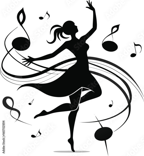 Silhouette of a graceful dancer with musical notes and flowing lines treble clef