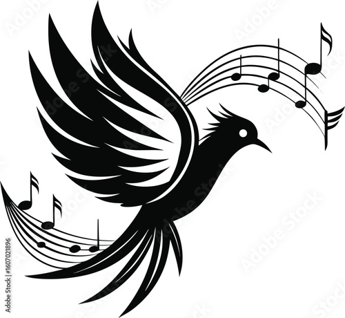 Stylized black bird with flowing wings and musical notes melody