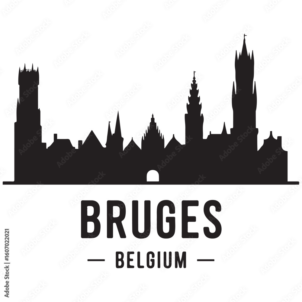 Fototapeta premium Bruges skyline horizontal banner. Bruges, Belgium. Vector template for your design. Vector black silhouette. with white background