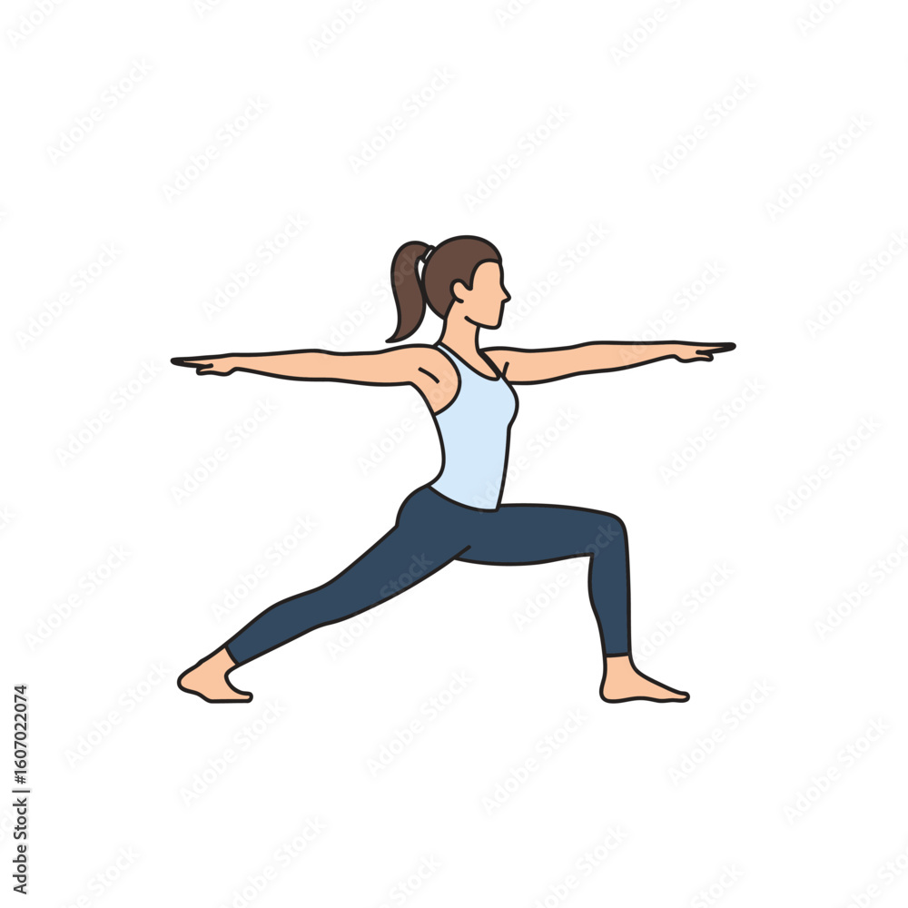 Obraz premium Vector Illustration of Woman in Warrior II Yoga Pose Arms Extended.