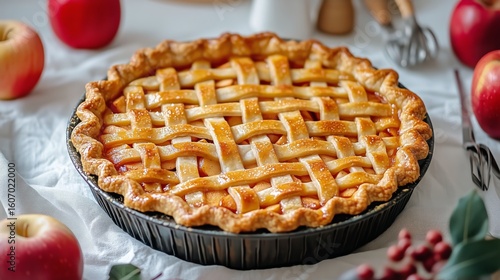 Freshly Baked Apple Pie on a Table Surrounded by Apples and Kitchen Tools for...