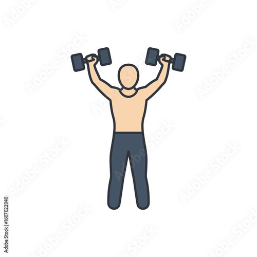 Faceless athlete lifting two dark rectangular dumbbells in an overhead press pose.