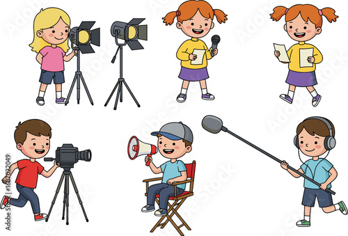 Cartoon children making a film with camera, lights, script, microphone, and director chair, fun filmmaking crew for kids projects