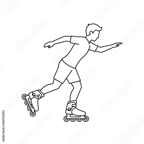 Minimalist line art of a young man rollerblading in a dynamic forward pose.
