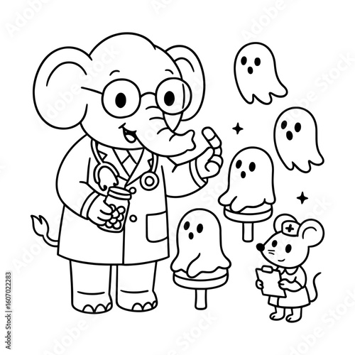 Elephant Doctor and Ghost Patients – Cute Halloween Animal Coloring Page