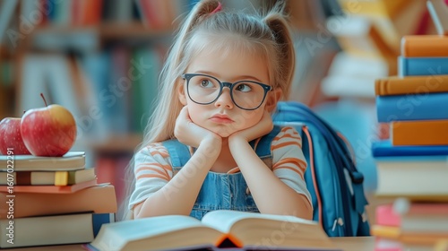 Young Girl With Glasses Studying at a Desk Surrounded by Books and School Sup...