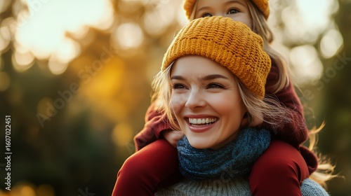 Smiling Mother Carrying Daughter on Shoulders During Autumn Day in Park